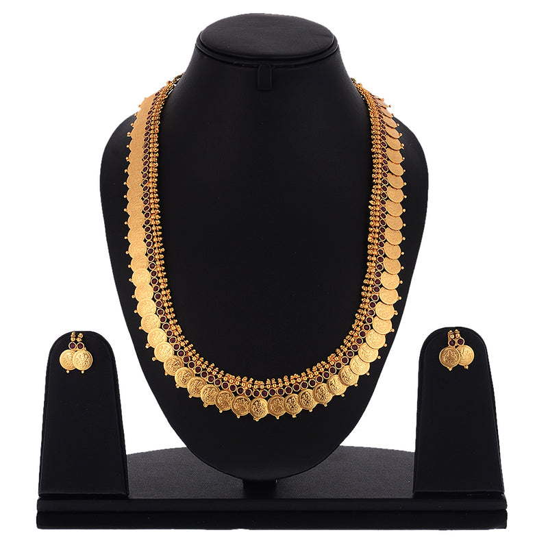 Jewellery Set Gold Plated Long Traditional Maharani Red Pearl Studded Temple Coin Necklace Set with Earrings Jewellery For Women & Girls
