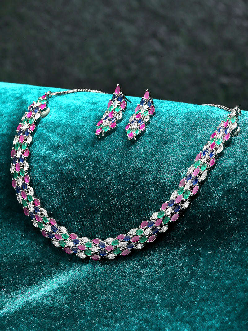 Rhodium-Plated with Silver-Tone Pink Blue White & Green American Diamond Studded Jewellery Set