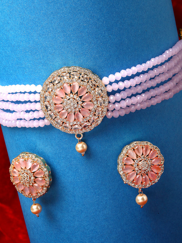 Peach & White American Diamond Stone Gold-Plated Stone Studded & Beaded Jewellery Set