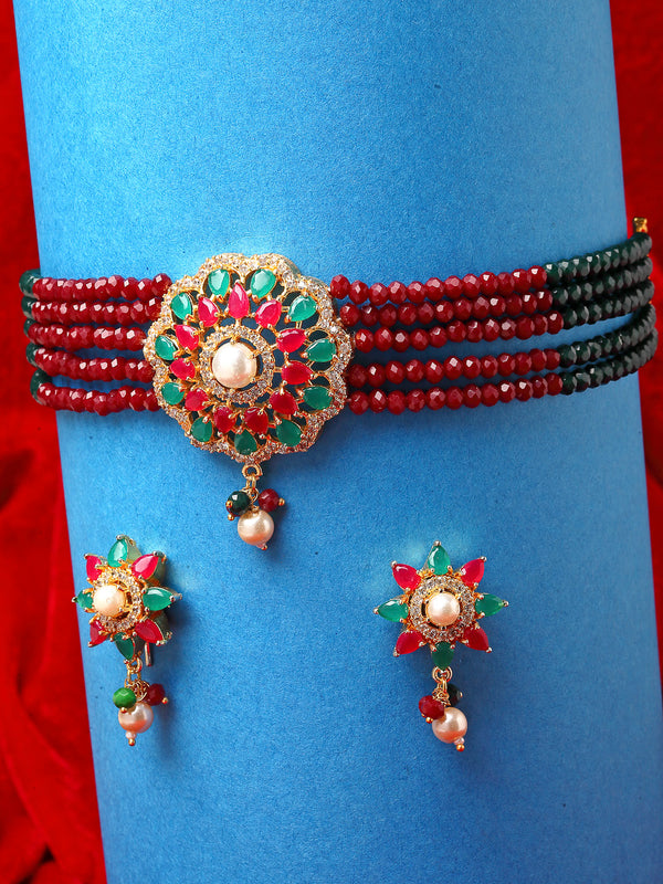 Red & Green Gold-Plated American Diamond Stone Studded & Beaded Jewellery Set