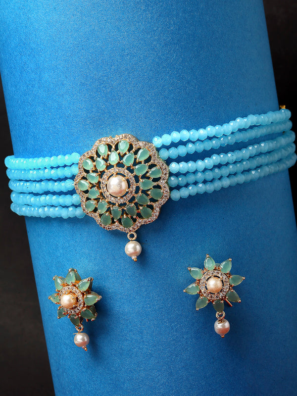 Teal Blue & Turquoise Blue Gold-Plated American Diamond Studded & Beaded Multistrand Necklace Set