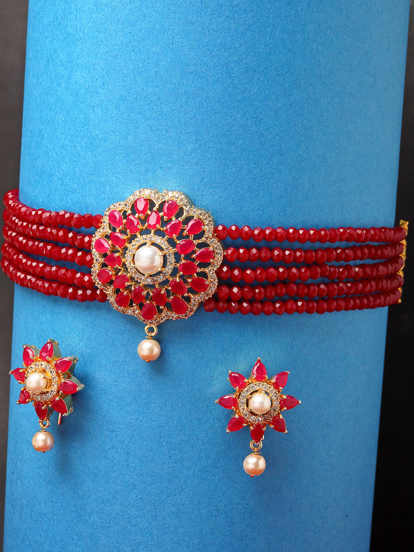 Gold-Toned Red & White American Diamond-Studded & Beaded Choker Jewellery Set