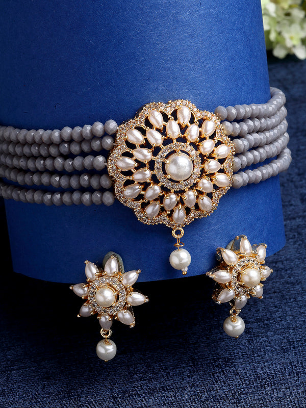 Grey Gold-plated Kundan Studded & Beaded Multistrand Choker Necklace Jewellery Set