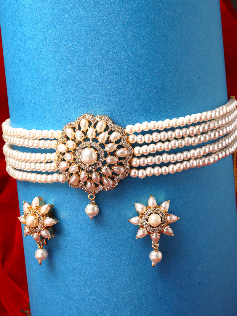 Multi-String Choker Off White Pearl Studded Jewelry Set