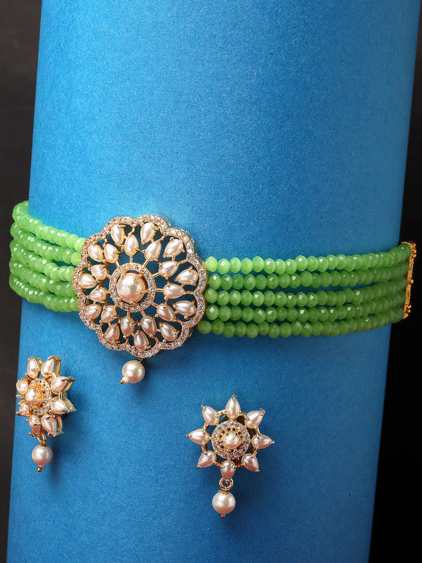 Pearl Detailing with Gold Plating Lime Green Beads Strap Choker Jewellery Set