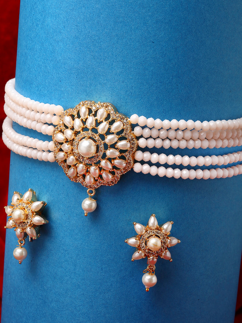 Multi-String White Pearl Studded Choker Jewelry Set