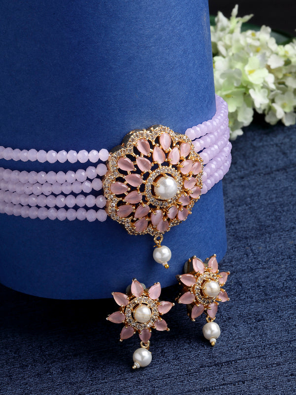 Multi-String Gold-Plated Pink & White Kundan Studded & Beaded Floral Shaped Choker Jewellery Set