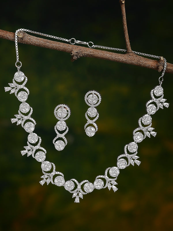 Rhodium-Plated with Silver-Tone White American Diamond-Studded Jewellery Set