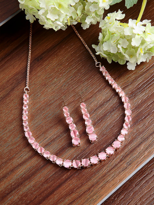 Pink Rose Gold-Plated Cubic-Zirconia Studded Handcrafted Jewellery Set