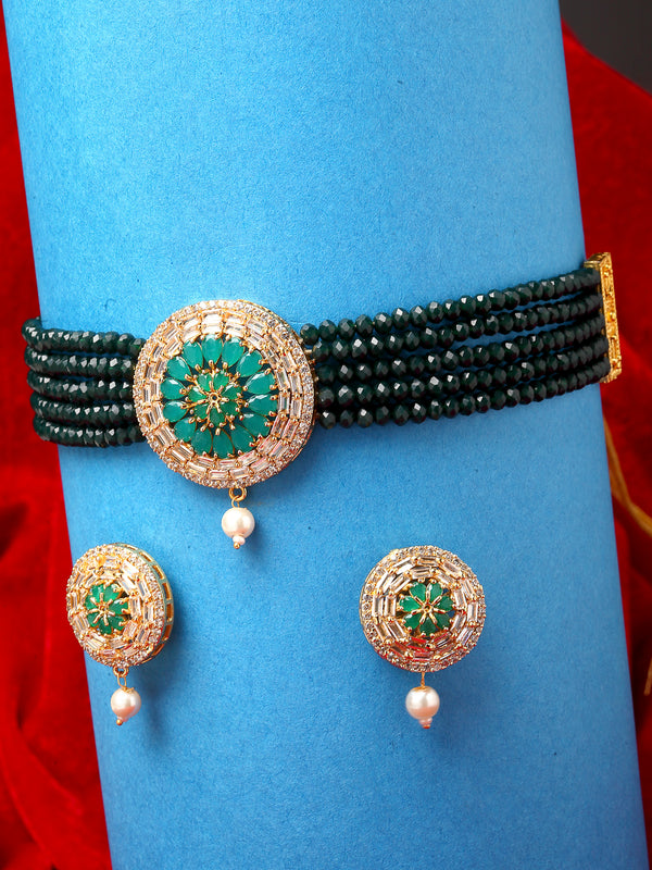 Green Multistrand Choker Gold-Plated Studded with American Diamond Jewellery Set