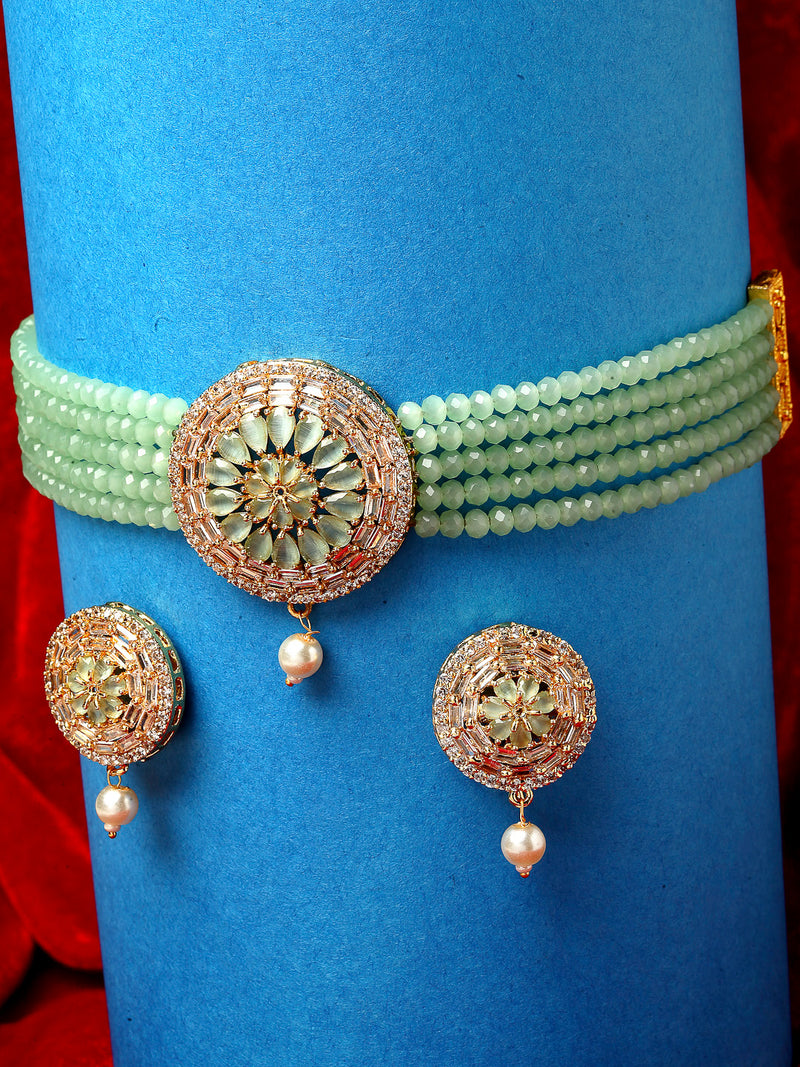 Multistrand Gold-Plated Lime Green & White American Diamond Stone Studded & Beaded Jewellery Set