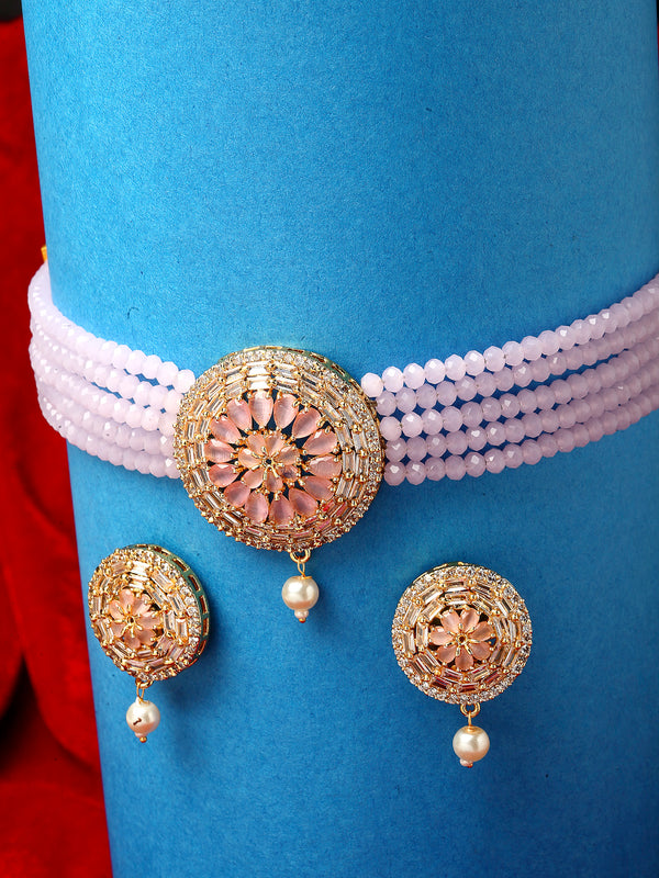 Gold-Plated with Peach-Toned & Pink AD-Studded & Beaded Jewellery Set