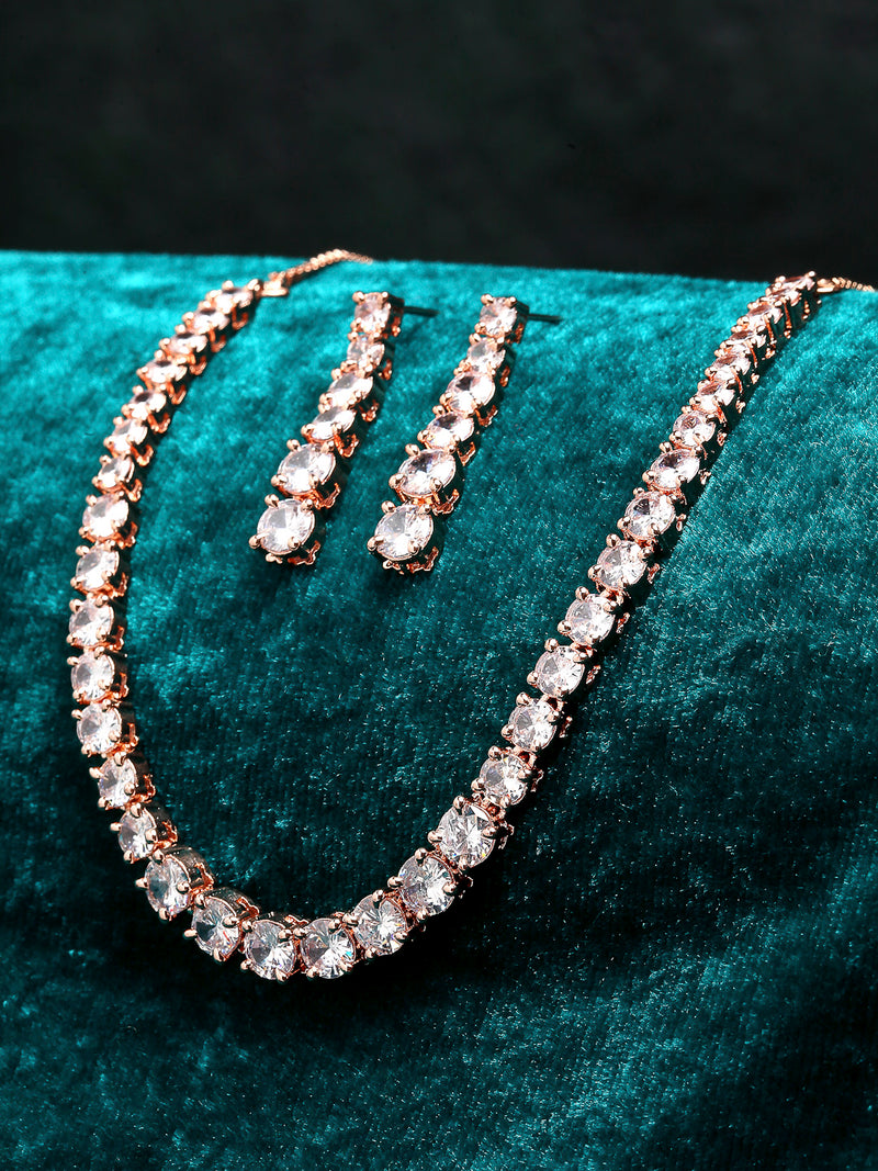 Rose-Tone with Gold-Plated White American Diamond Studded Jewellery Set