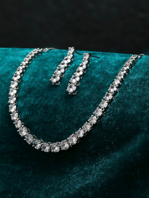 Rhodium-Plated with Silver-Tone White American Diamond Stone Studded Jewellery Set