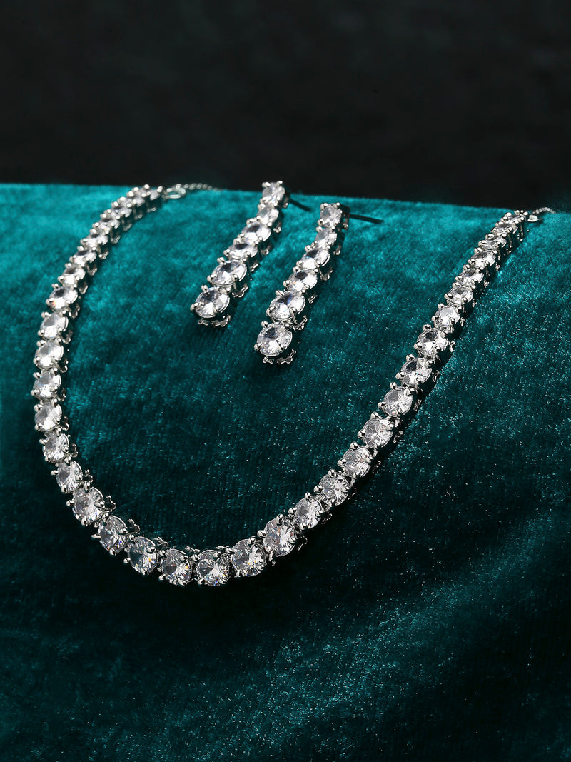 Rhodium-Plated with Silver-Tone White American Diamond Stone Studded Jewellery Set