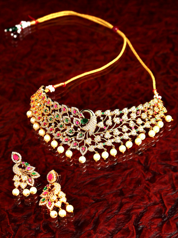Peacock Design Choker with Gold-Plated Red American Diamond Studded Jewelry Set