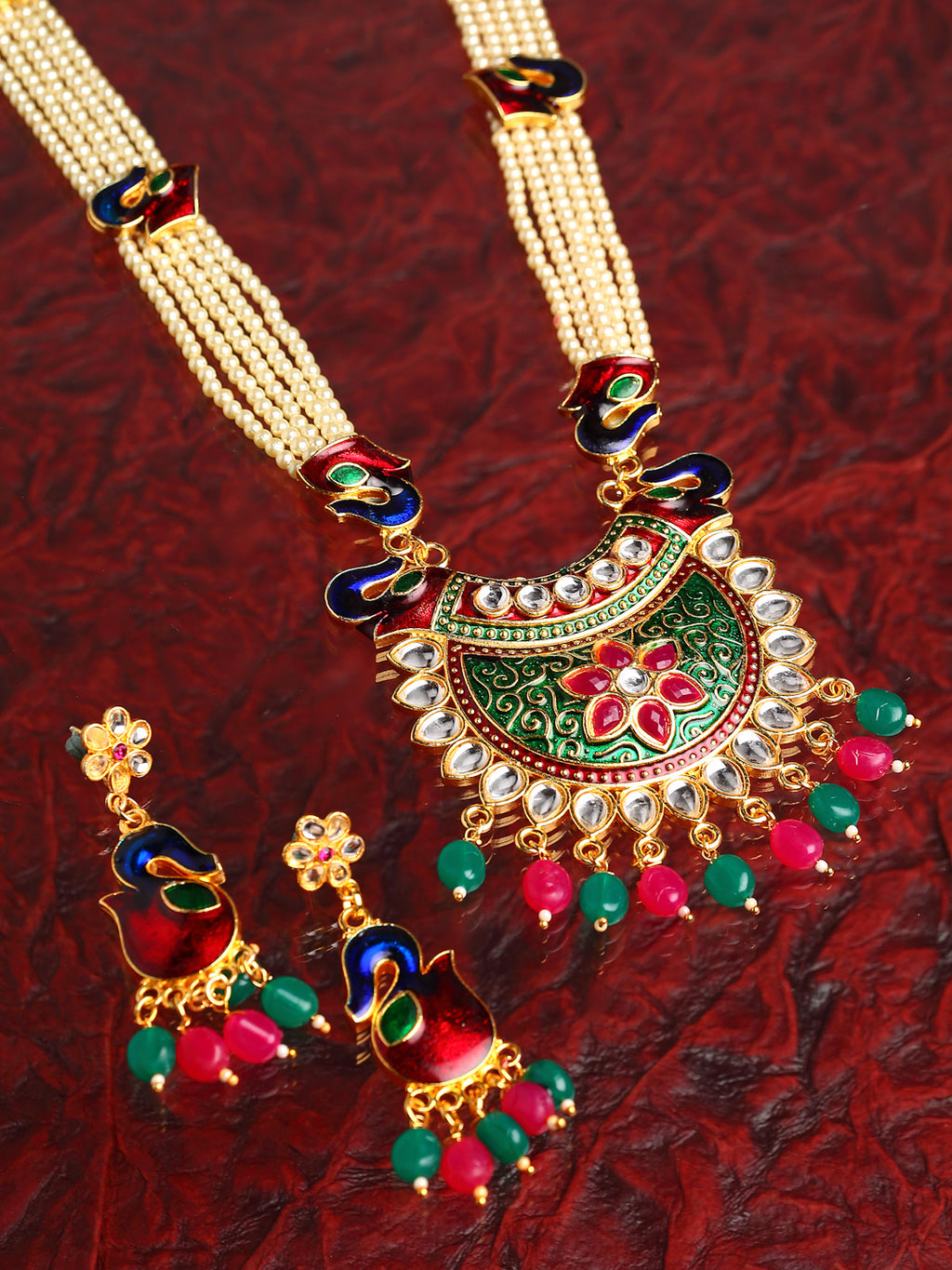 Meenakari Peacock Design Pendant with Multi-Strand Long Gold-Plated Wh