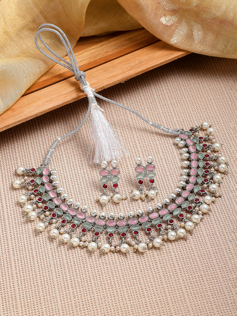 Silver-Toned & Pink Rhodium-Plated American Diamond Studded Pearl Jewellery Set