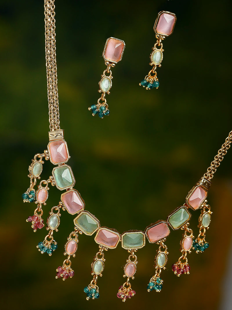 Gold-Plated Green, Pink and Sea Green Copper Filigree Necklace Jewellery Set