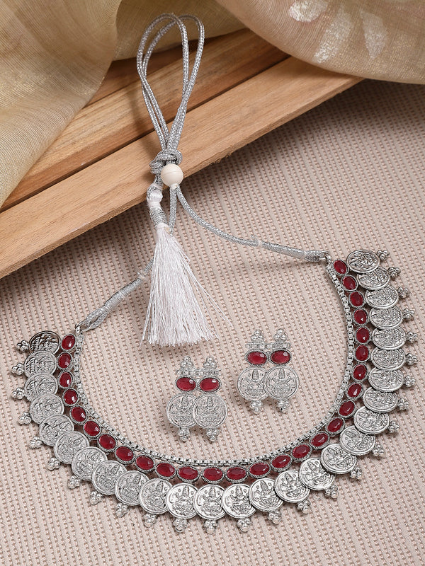 Temple Coin Rhodium-Plated with Silver-Tone Red Kundan-Studded  Jewellery Set