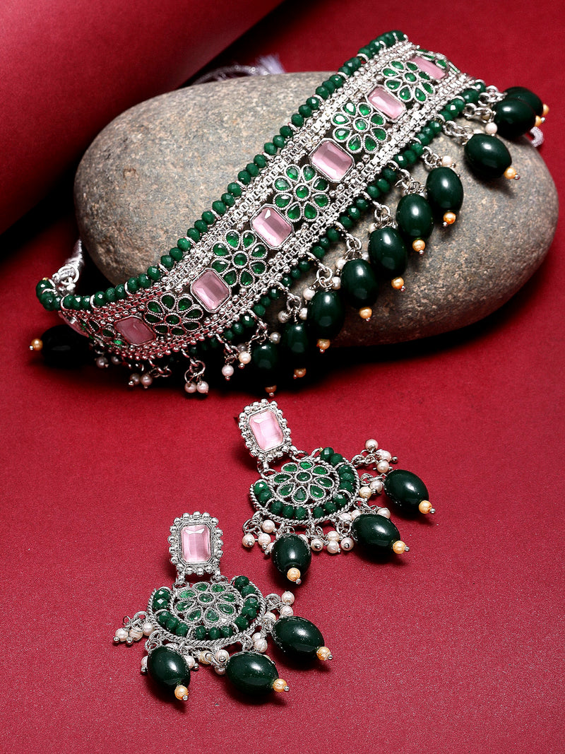 Rhodium-Plated with Silver-Tone Green & Pink Stone-Studded Traditional Choker