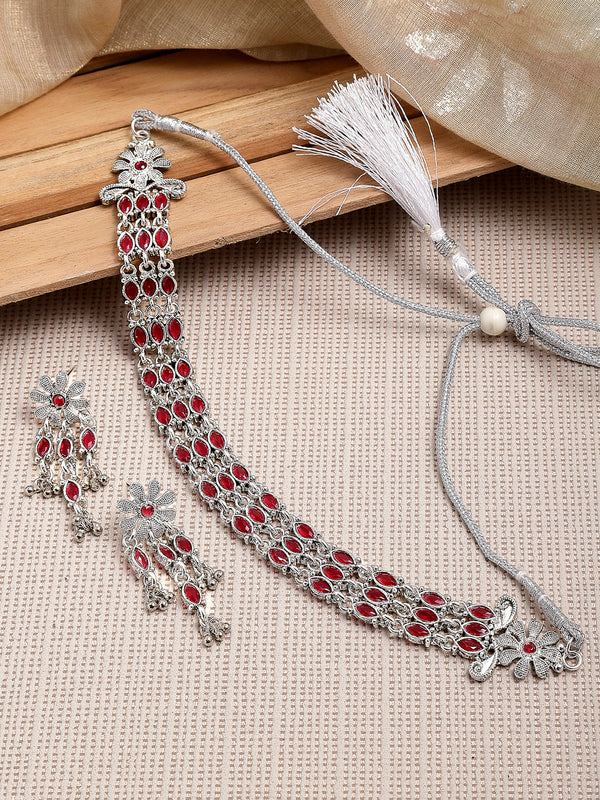 Rhodium-Plated with Oxidised Silver-Tone Red Kundan Studded Jewellery Set