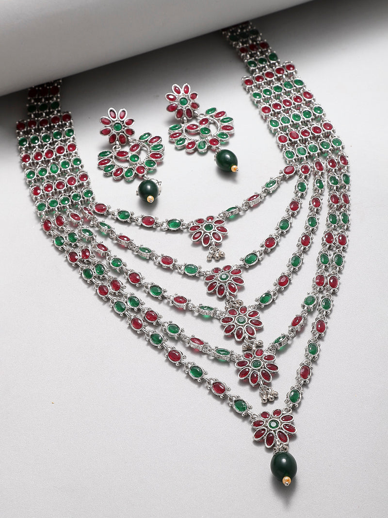 Rhodium-Plated with Silver-Tone Green & Red Kundan-Studded Layered Jewellery Set