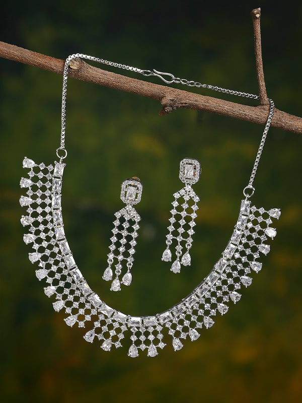 Rhodium-Plated with Silver-Tone White American Diamond-Studded Jewellery Set