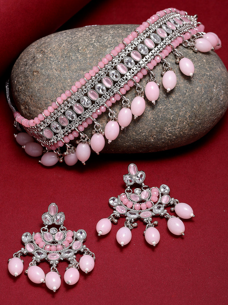Rhodium-Plated with Silver-Tone Pink Kundan-Studded & Beaded Jewellery Set