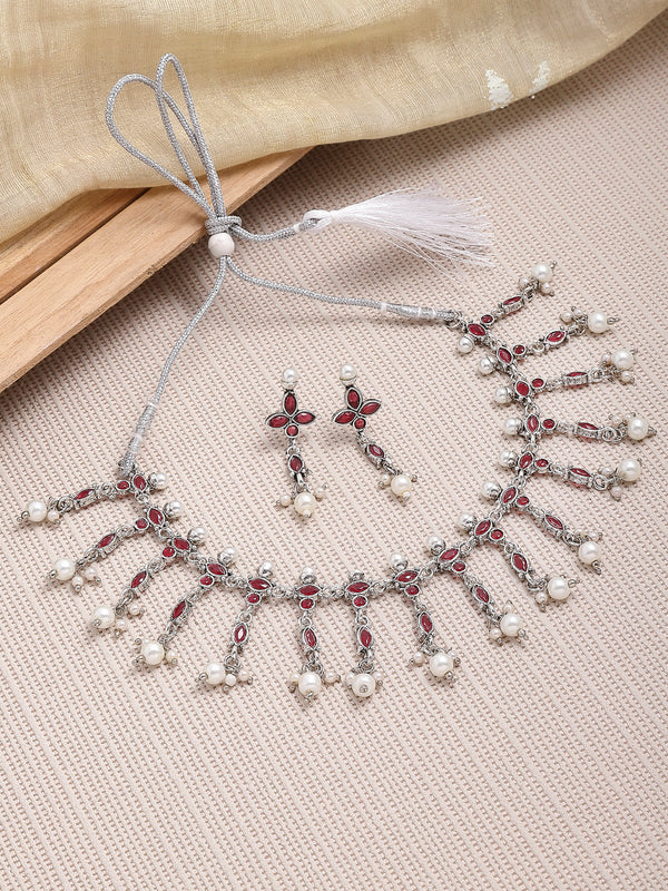 Rhodium-Plated with Oxidised Silver-Tone Red & White Kundan-Studded & Beaded Jewellery Set