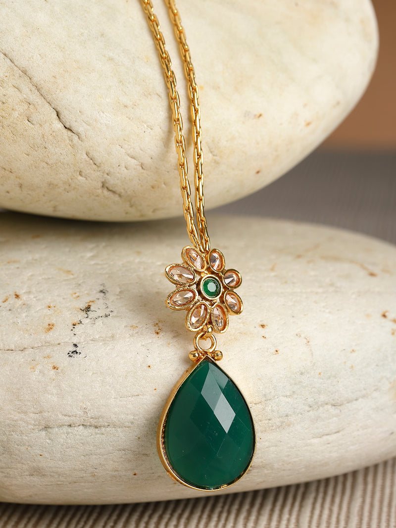 Gold-Plated Green & Off-White CZ-Studded Pendant With Chain