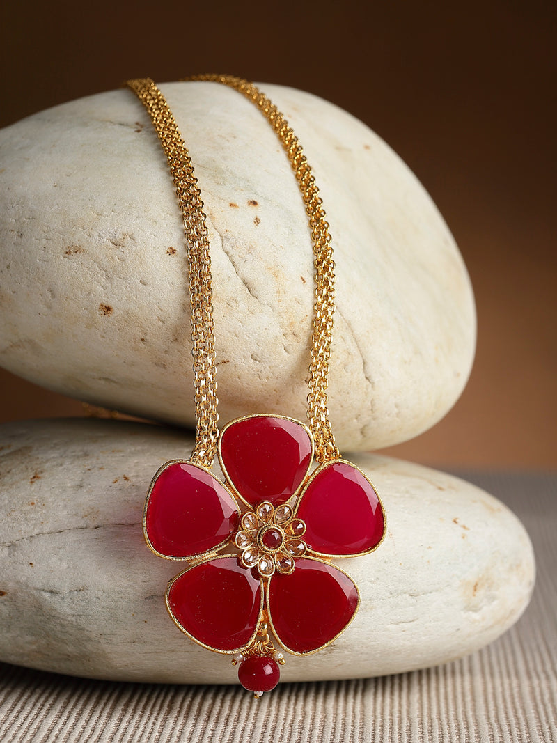 Gold-Plated Red Stone Studded Flower Pendant