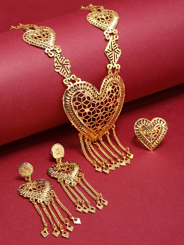 Gold-Plated Heart Shaped Necklace With Ring & Earring