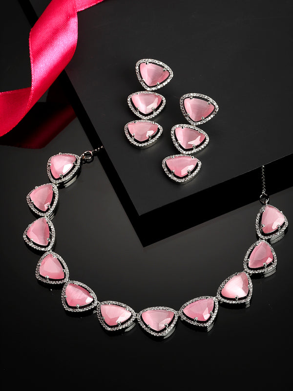 Rhodium-Plated with Silver-Tone Pink American Diamond Studded Jewellery Set
