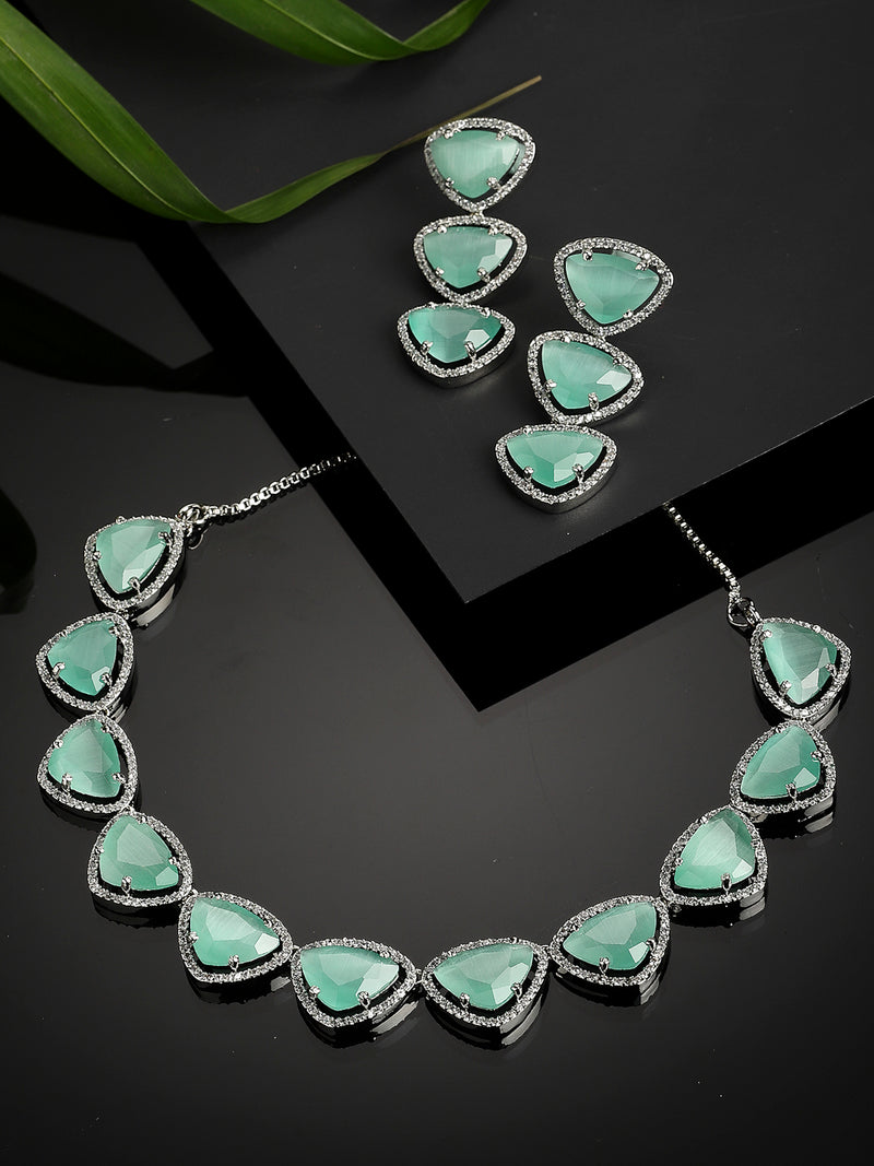 Rhodium-Plated with Silver-Tone Sea Green American Diamond Studded Jewellery Set