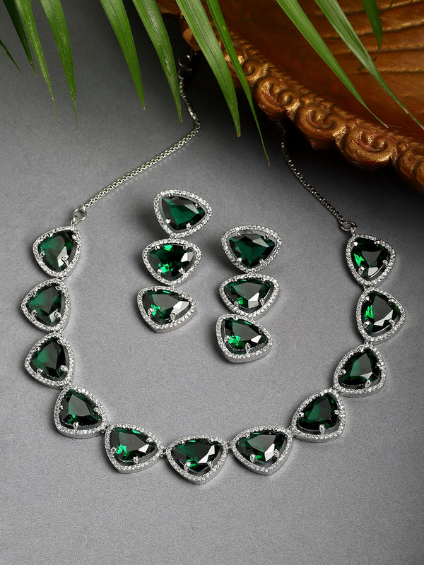 Rhodium-Plated with Silver-Tone Handcrafted Green American Diamond Studded Triangular Jewellery Set