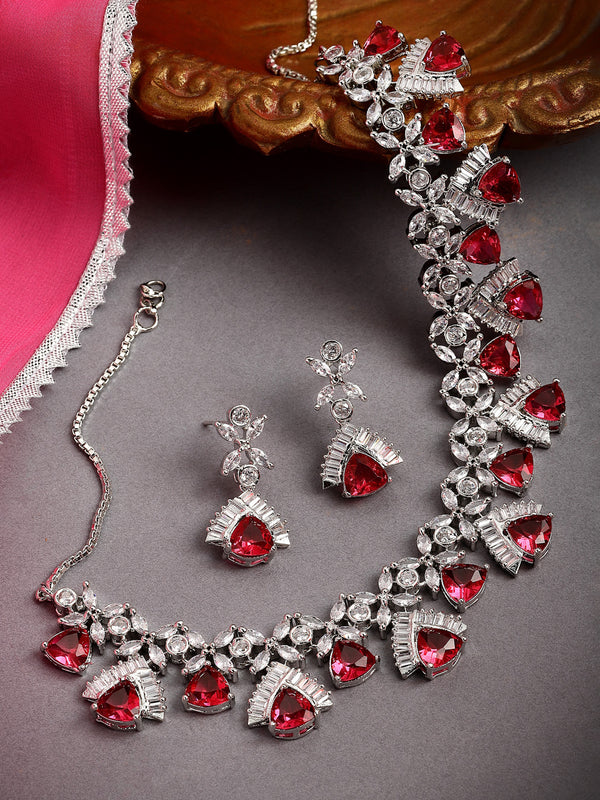 Rhodium-Plated with Silver-Tone & Red American Diamond Stone-Studded Jewellery Set