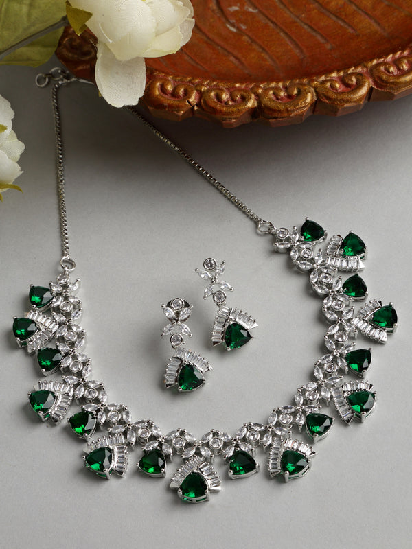 Rhodium-Plated with Silver-Tone Green American Diamond Studded Contemporary Design Jewellery Set