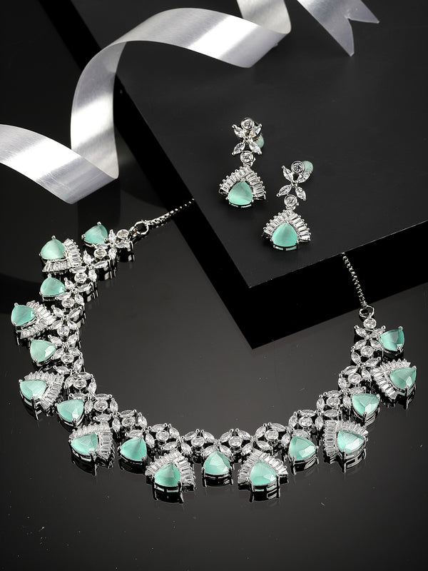 Rhodium-Plated with Silver-Tone & Sea Green American Diamond-Studded  Jewellery Set