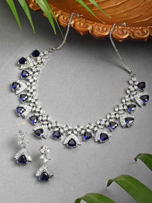 Rhodium-Plated with Silver-Tone Navy Blue American Diamond Studded Handcrafted Jewellery Set