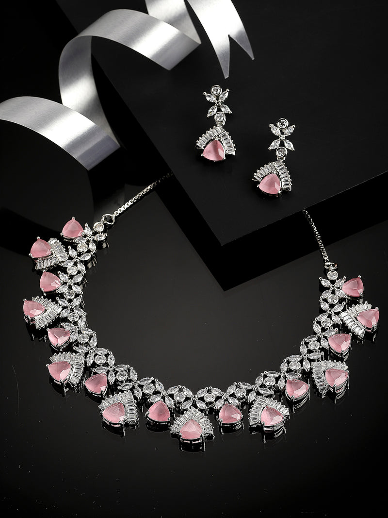 Rhodium-Plated with Silver-Tone White & Pink American Diamond-Studded Jewellery Set