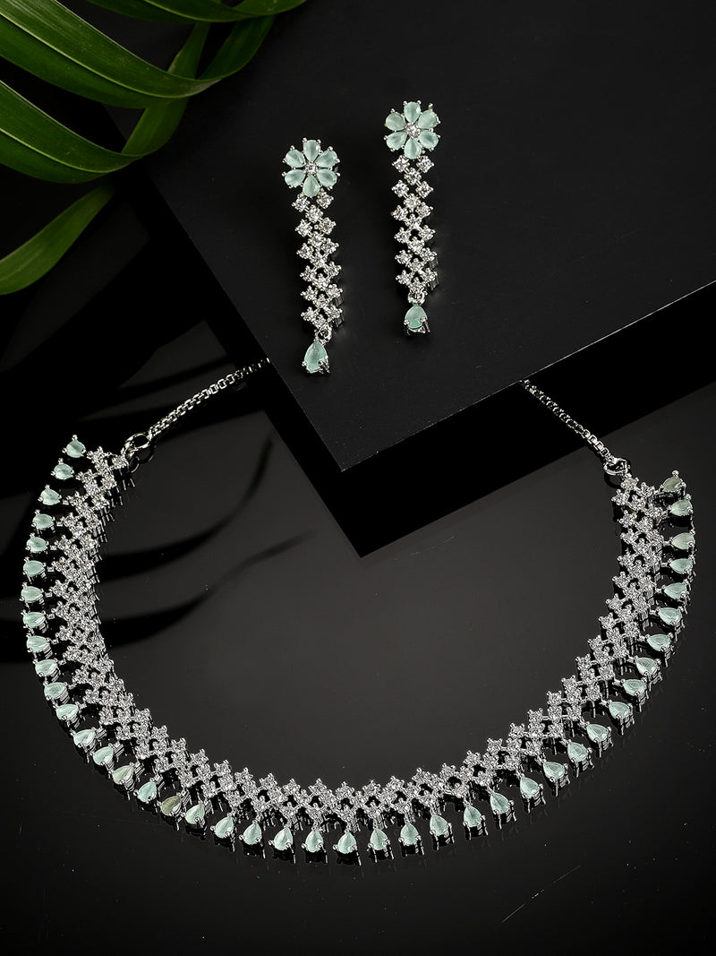 Rhodium-Plated with Silver-Tone Sea Green American Diamond-Studded Flower Design Jewellery Set