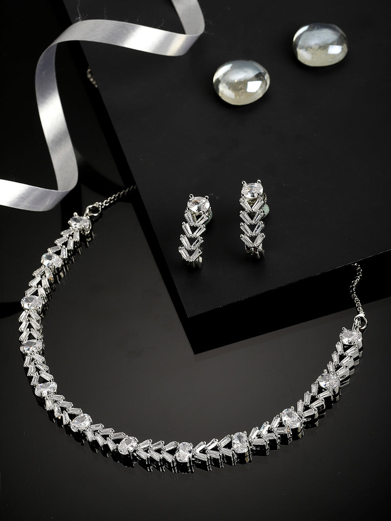 Rhodium-Plated with Silver-Tone & White American Diamond-Studded Jewellery Set