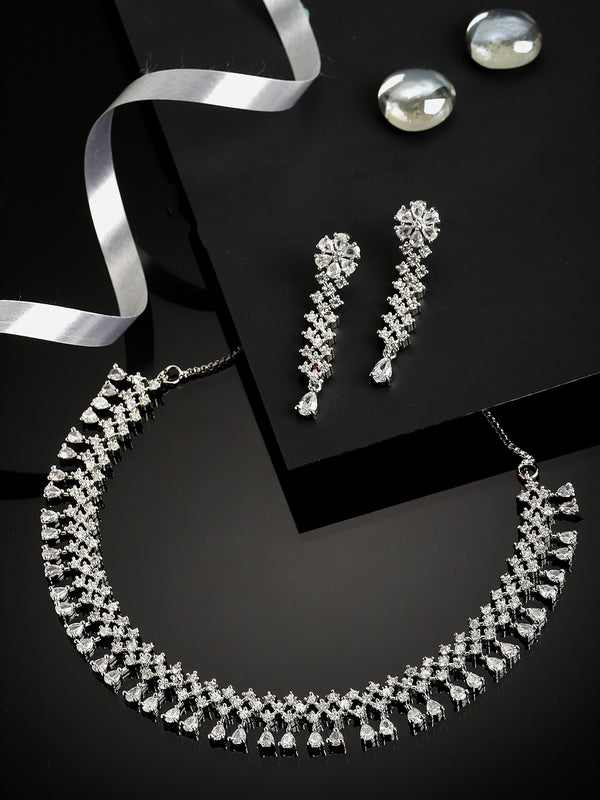 Rhodium-Plated with Silver-Tone & White American Diamond Studded Jewellery Set