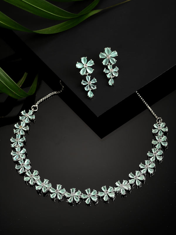 Rhodium-Plated with Silver-Tone Sea-Green & White American Diamond-Studded Jewellery Set