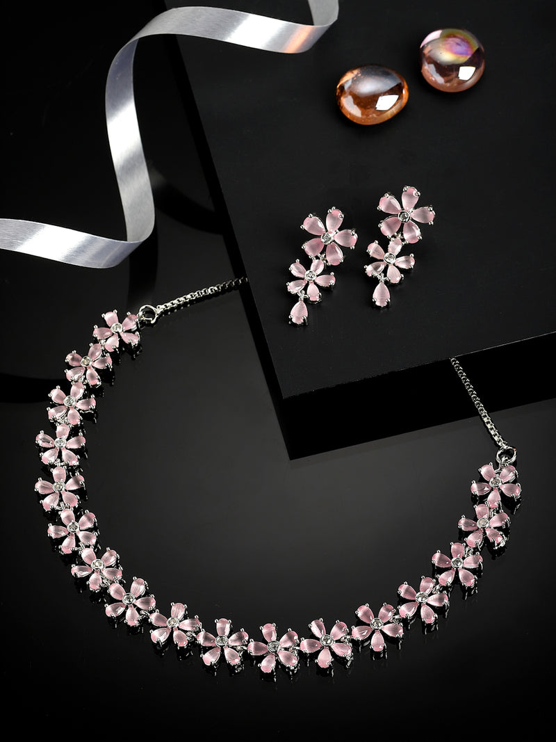 Rhodium-Plated with Silver-Tone Pink American Diamond-Studded Jewellery Set