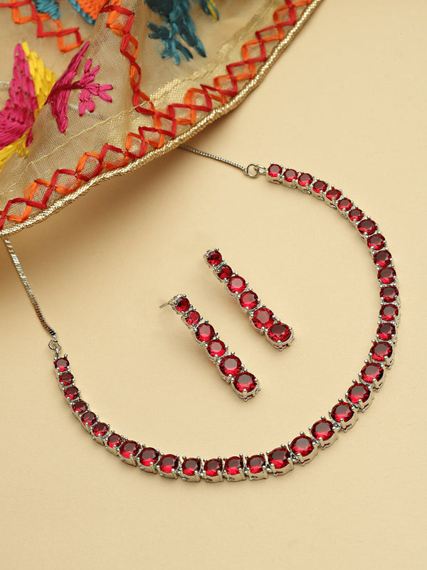 Rhodium-Plated with Silver-Tone Red American Diamond Studded Handcrafted Jewellery Set