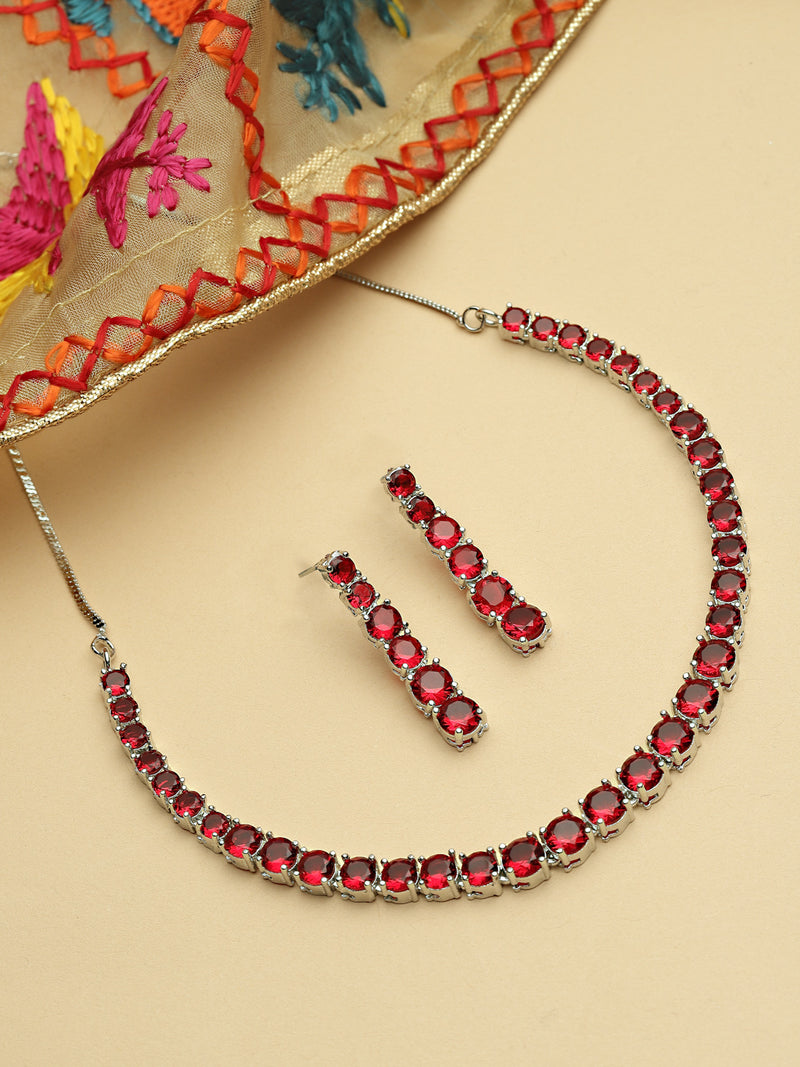 Rhodium-Plated with Silver-Tone Red American Diamond Studded Handcrafted Jewellery Set
