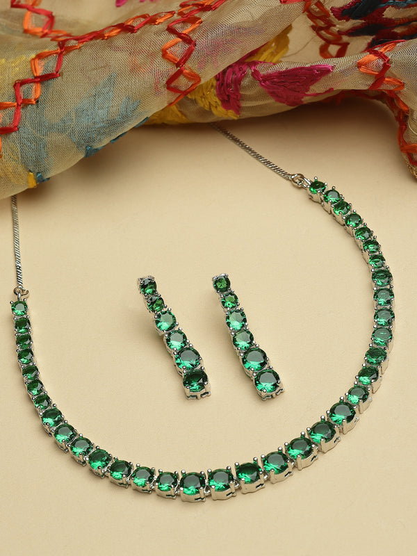 Rhodium-Plated with Silver-Tone Green American Diamond Studded Jewellery Set