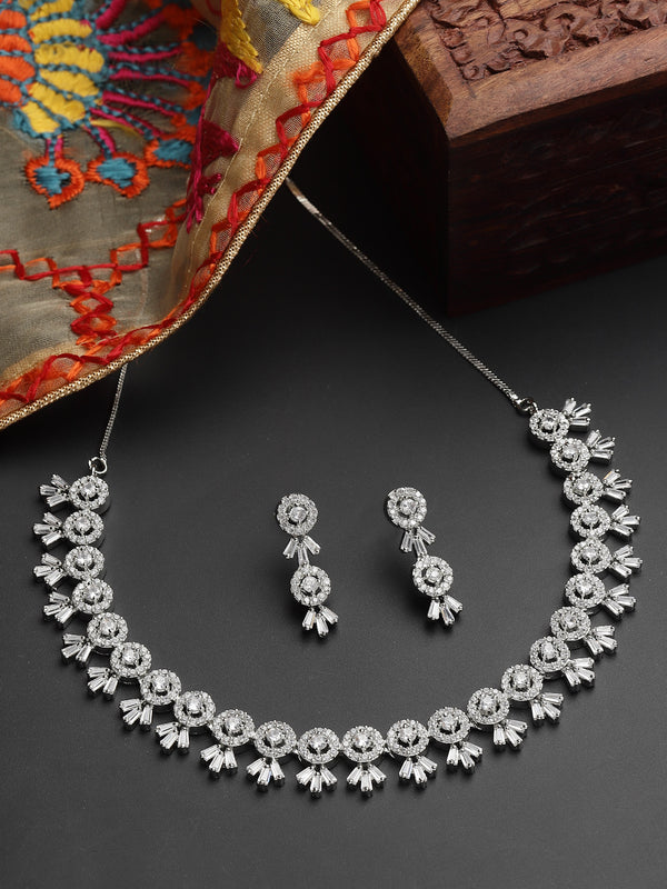 Rhodium-Plated with Silver-Tone White American Diamond-Studded Jewellery Set